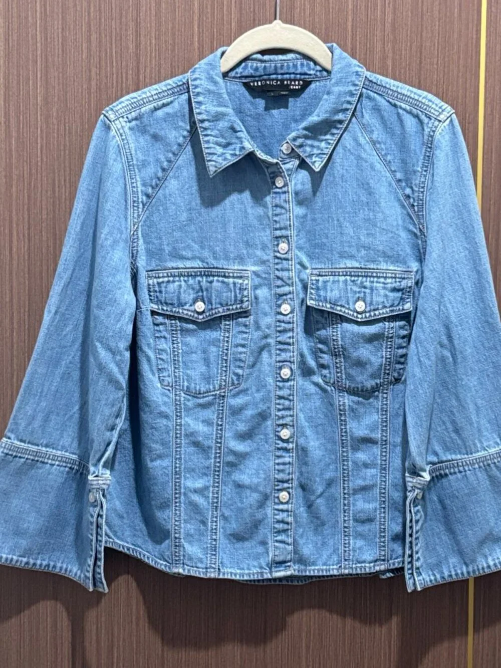 Veronica Beard Tivi Denim Flared Sleeve Shirt Iceberg Light Wash Large
